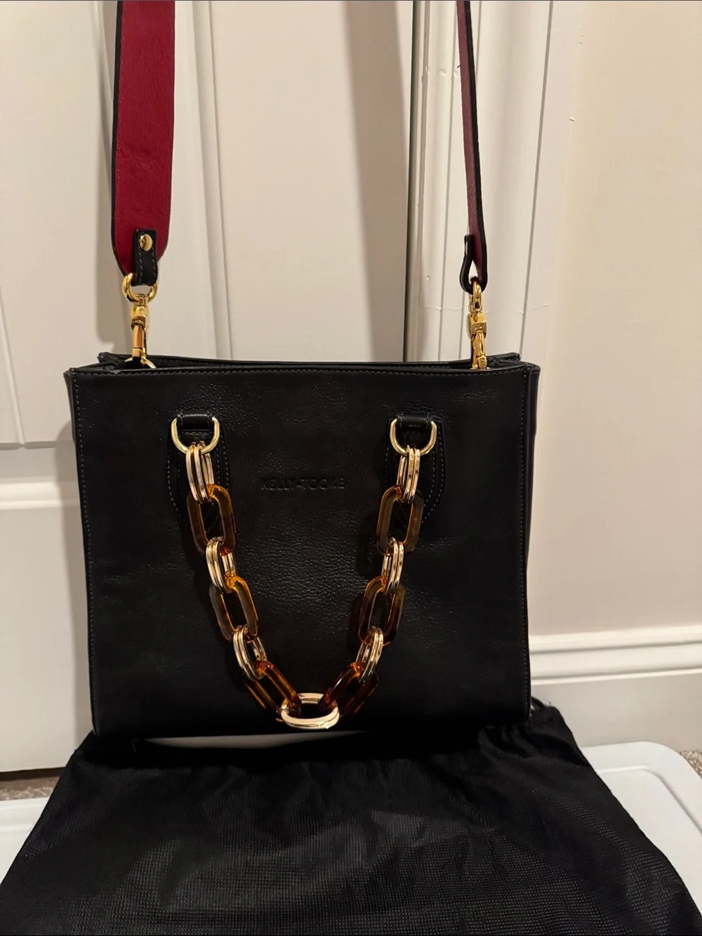 Kelly -Tooke Black Leather Shoulder Bag with Gold Chain Accent